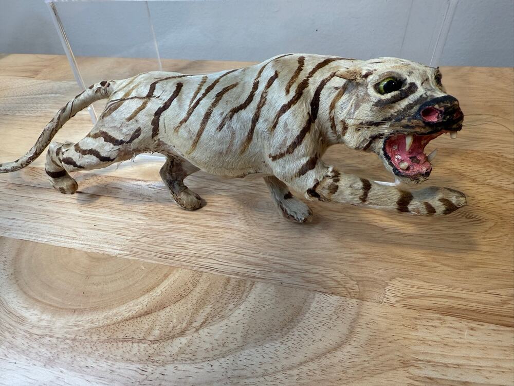RARE Vintage Handmade Tiger African Real Fur Animal Figurine 13" Long JL
